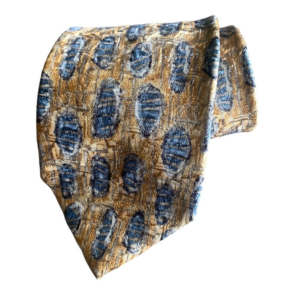 Ermenegildo Zegna Men's 100% Silk Necktie Blue Gold Geometric Luxury Preppy